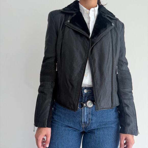 BCBG Maxazria Leather Bomber Jacket Womens Medium Black Moto NO ZIPPER Faux Fur - Picture 4 of 13